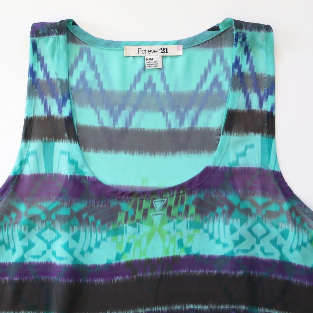 Forever21 Turquoise Print Tank Top Blouse Size M